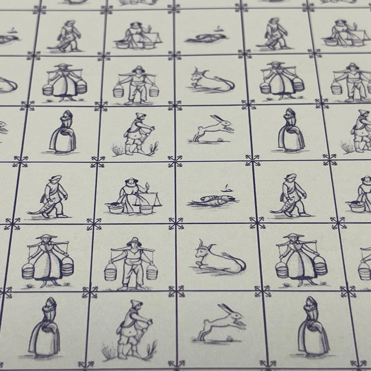 Miniature Delft Farmers and Fishermen Tile Wallpaper, 5/8 inch Tiles, 16-1/16 x 11-3/4 inch, DIY Dollhouse Supply (blue)