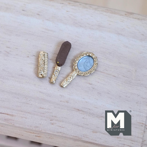 Miniature Brush, Comb & Mirror Set 1:12 Scale Dollhouse Supplies Dresser Set (meta) - H034