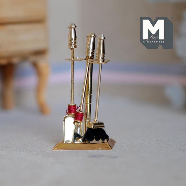 Miniature Brass Fireplace Tool Set 1:12 Scale Poker, Shovel, Brush with Stand - F024