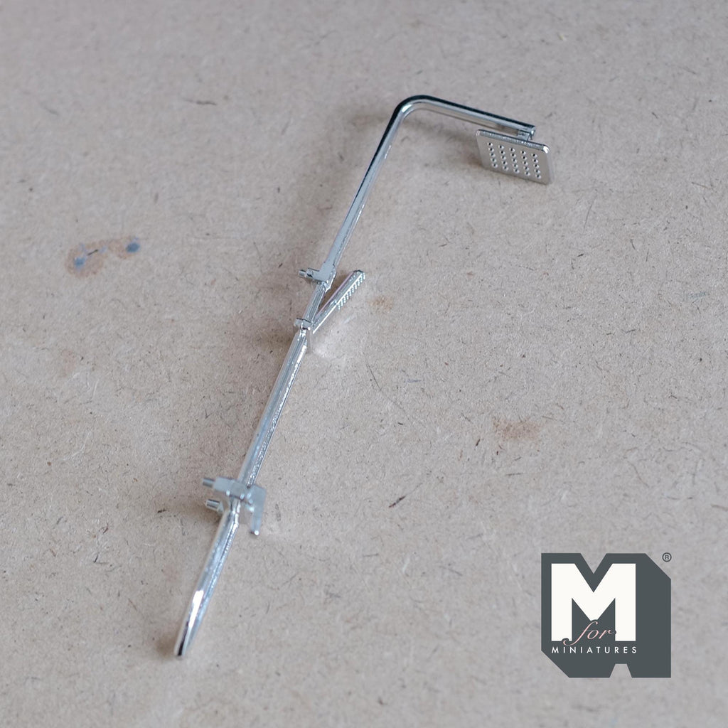 1:12 Scale Miniature Rain Shower Head with Long Pipe, 4-7/16 inch tall, DIY Dollhouse Supply (metal)