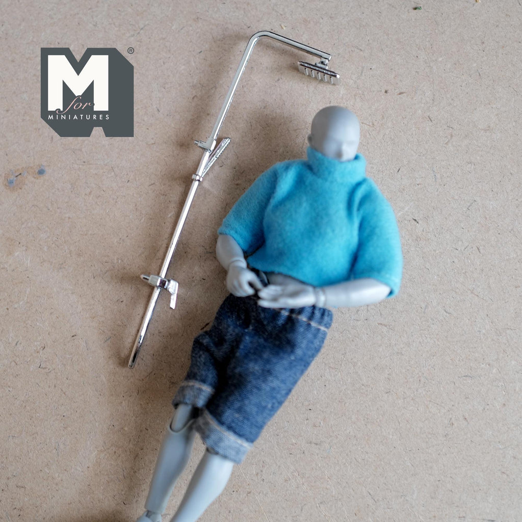 1:12 Scale Miniature Rain Shower Head with Long Pipe, 4-7/16 inch tall, DIY Dollhouse Supply (metal)