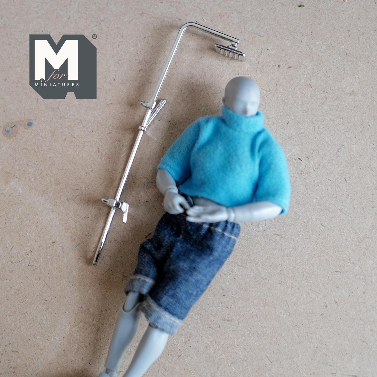 1:12 Scale Miniature Rain Shower Head with Long Pipe, 4-7/16 inch tall, DIY Dollhouse Supply (metal)