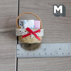 1:12 Scale Miniature Woven Rope Basket with Folded Linens, Lace Trim and Red Bow, 1-13/16 inch long, DIY Dollhouse Supply