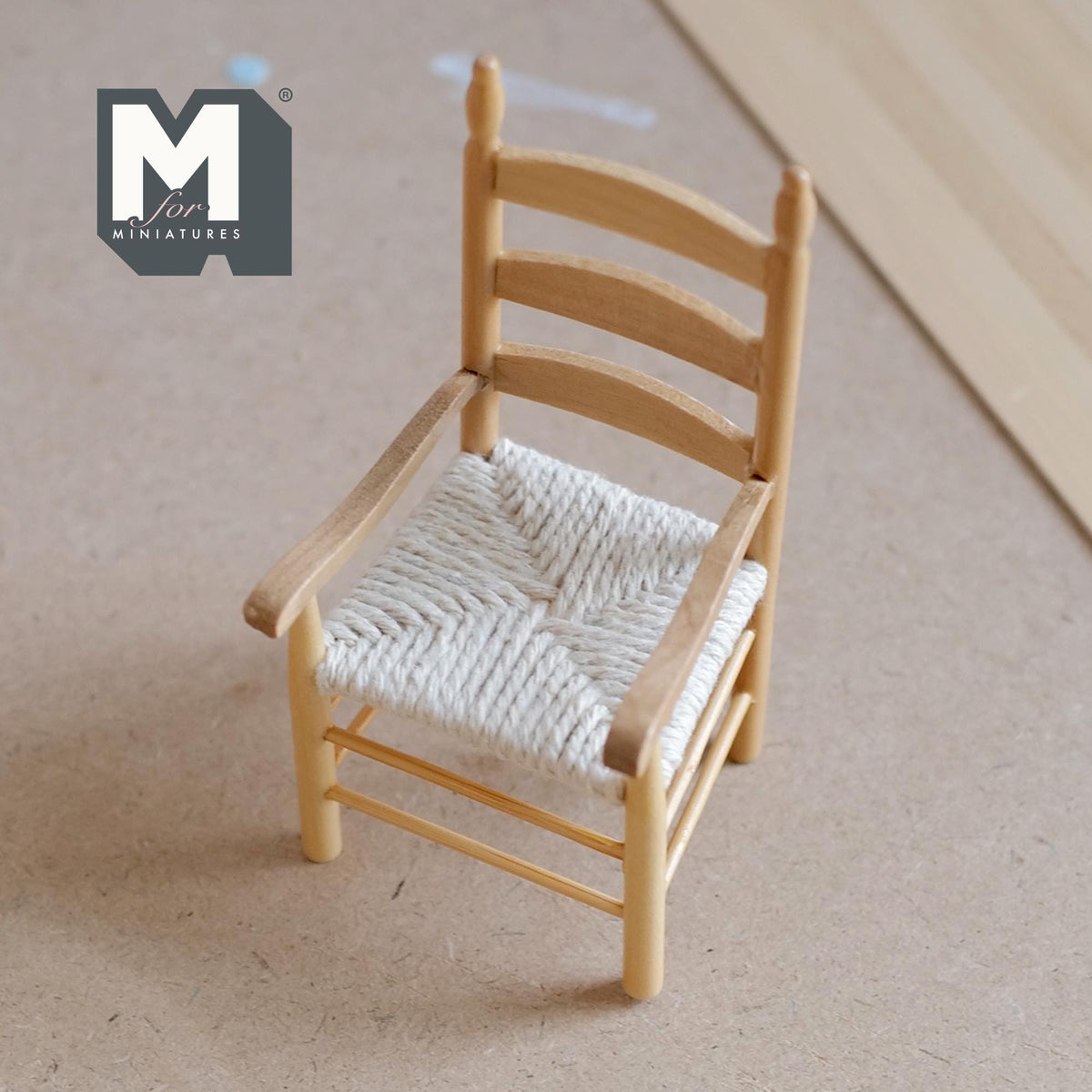 1:12 Scale Miniature Wood Ladderback Armchair with Woven Seat, 4-3/16 inch tall, DIY Dollhouse Supply (stained)