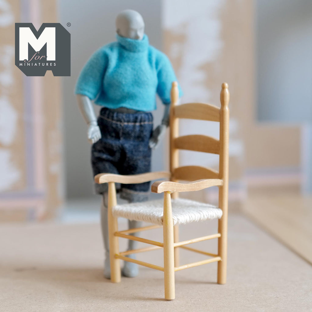 1:12 Scale Miniature Wood Ladderback Armchair with Woven Seat, 4-3/16 inch tall, DIY Dollhouse Supply (stained)