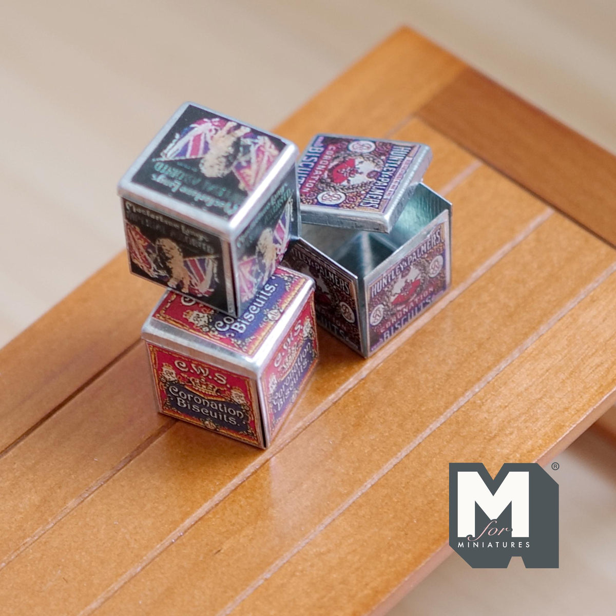 1:12 Scale Miniature Biscuit Tins, Set of 3, 13/16 inch tall, DIY Dollhouse Supply (metal)