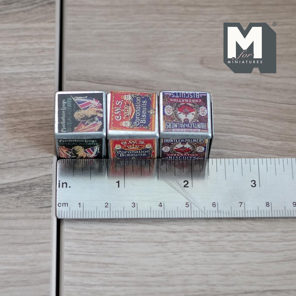 1:12 Scale Miniature Biscuit Tins, Set of 3, 13/16 inch tall, DIY Dollhouse Supply (metal)