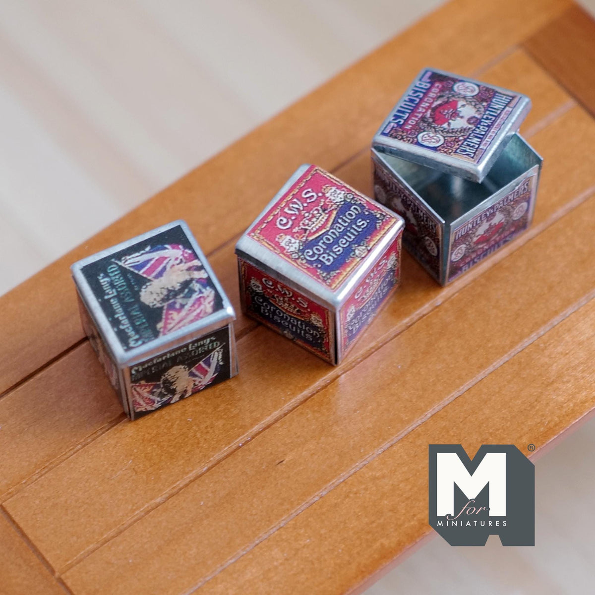 1:12 Scale Miniature Biscuit Tins, Set of 3, 13/16 inch tall, DIY Dollhouse Supply (metal)