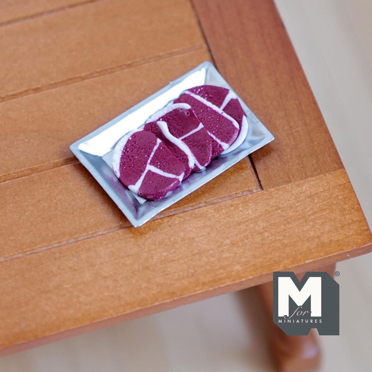 1:12 Scale Miniature Raw Steak on Tray, Marbled Cut, 1-3/16 inch long, DIY Dollhouse Supply (non edible)