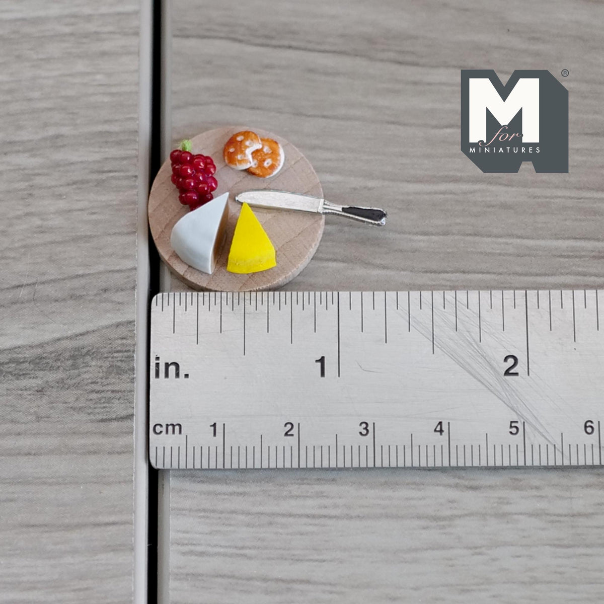 Miniature Cheese Board Grapes and Knife 1:12 Scale Dollhouse Supplies Cheese Cutting Board 7/16 inch tall - E026