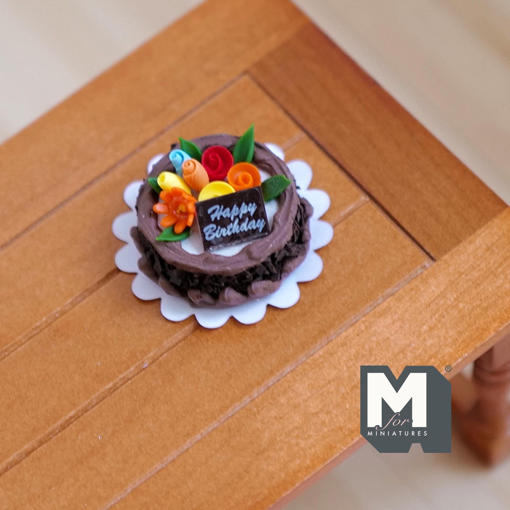 1:12 Scale Miniature Chocolate Birthday Cake with Fruit, 1 inch dia., DIY Dollhouse Supply (non edible) (brown)