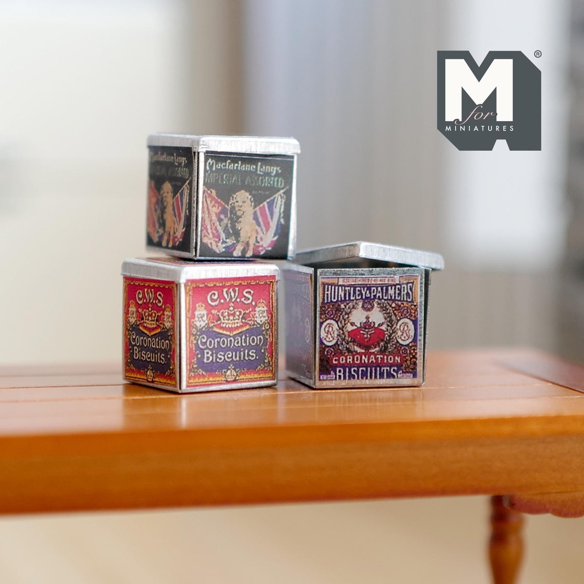 1:12 Scale Miniature Biscuit Tins, Set of 3, 13/16 inch tall, DIY Dollhouse Supply (metal)