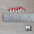 1:12 scale miniature toadstools with red caps and white spots, single stem, set of 6, shown with a ruler