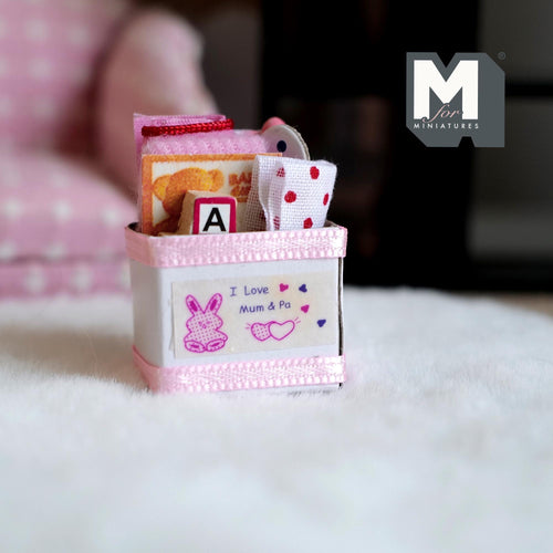 1:12 Scale Miniature Baby Storage Box with Accessories, 1-5/16 inch tall, DIY Dollhouse Supply (all fixed in box)