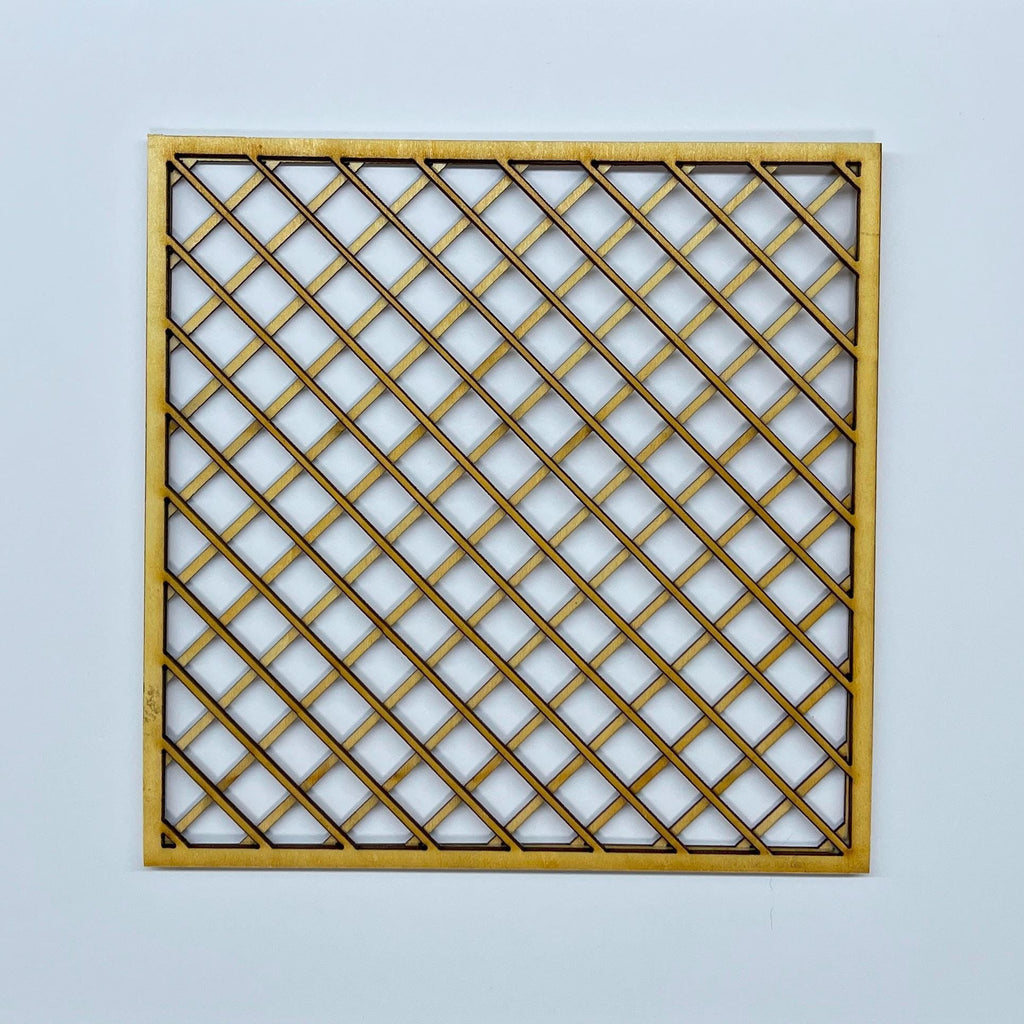 1:12 scale miniature unpainted wood garden trellis panel, square with diamond lattice, on a white background