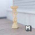 1:12 scale miniature boy statue bird bath fountain in beige cast resin, figure holding a basin overhead, on a porch
