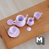 Miniature Metal Teapot and Cups Set 1:6 Scale Dollhouse Supplies Kitchenware Teapot Milk Jug Saucer Cup and Plates (pink) - A035