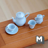 Miniature Metal Teapot and Cups Set 1:6 Scale Dollhouse Supplies Kitchenware Teapot Milk Jug Saucer Cup and Plates (blue) - A035