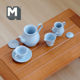 Miniature Metal Teapot and Cups Set 1:6 Scale Dollhouse Supplies Kitchenware Teapot Milk Jug Saucer Cup and Plates (blue) - A035
