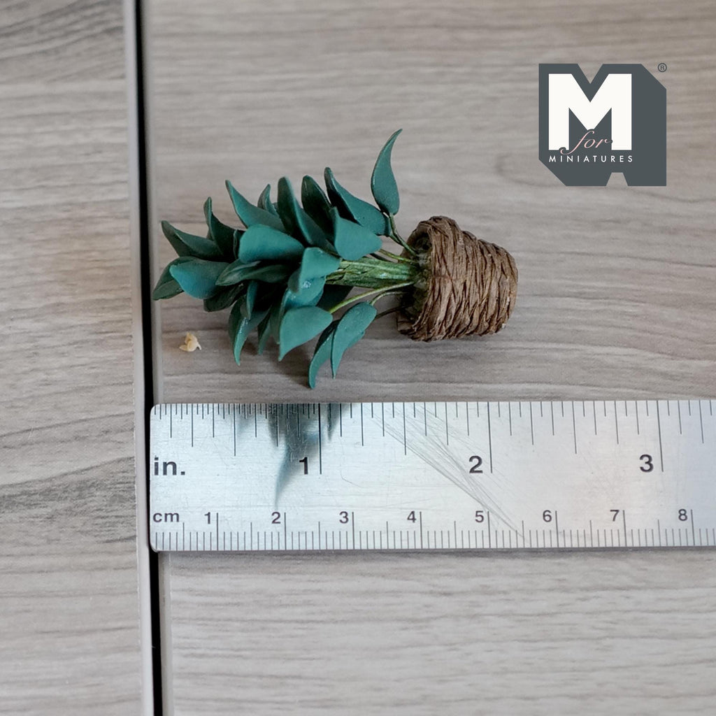1:12 Scale Miniature Potted Leafy Plant in Round Woven Pot, 2 inch tall, DIY Dollhouse Supply