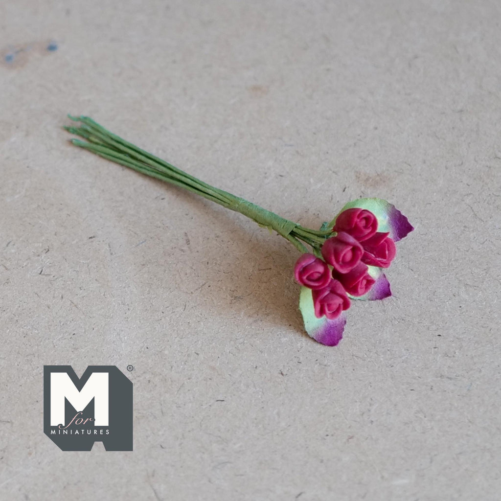 1:12 Scale Miniature Red Rosebuds Bunch with Leaves, Flower Stem for Fairy Garden and Diorama, 3-1/8 inch long
