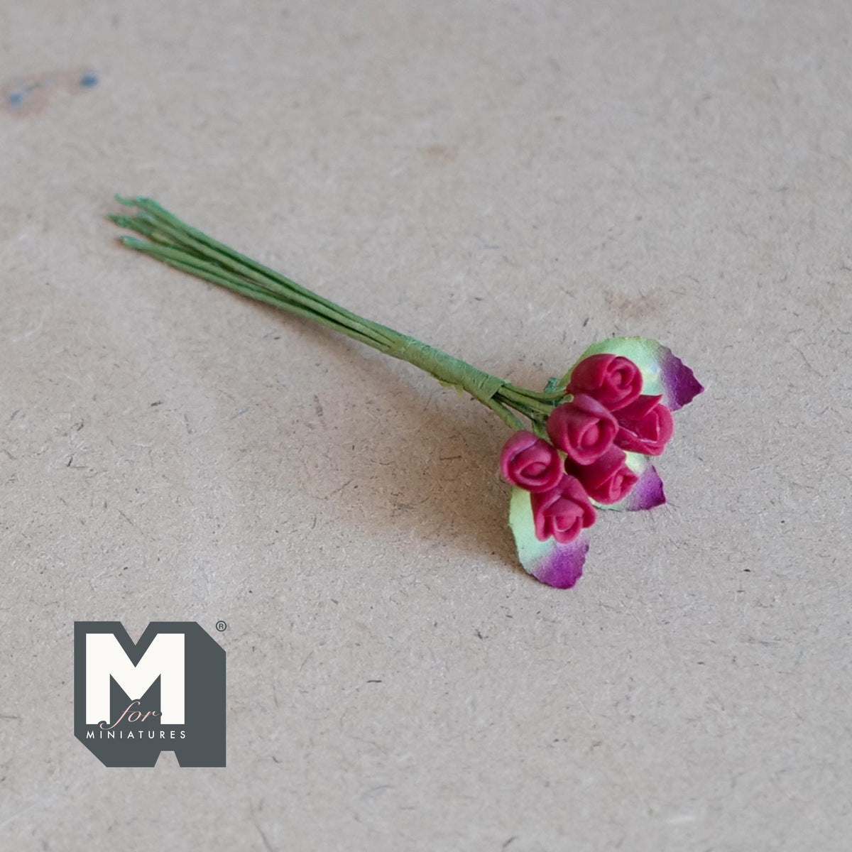 1:12 Scale Miniature Red Rosebuds Bunch with Leaves, Flower Stem for Fairy Garden and Diorama, 3-1/8 inch long
