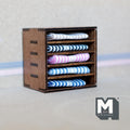 1:12 scale miniature wood fabric shelf in dark brown with folded blue, pink and white striped textiles