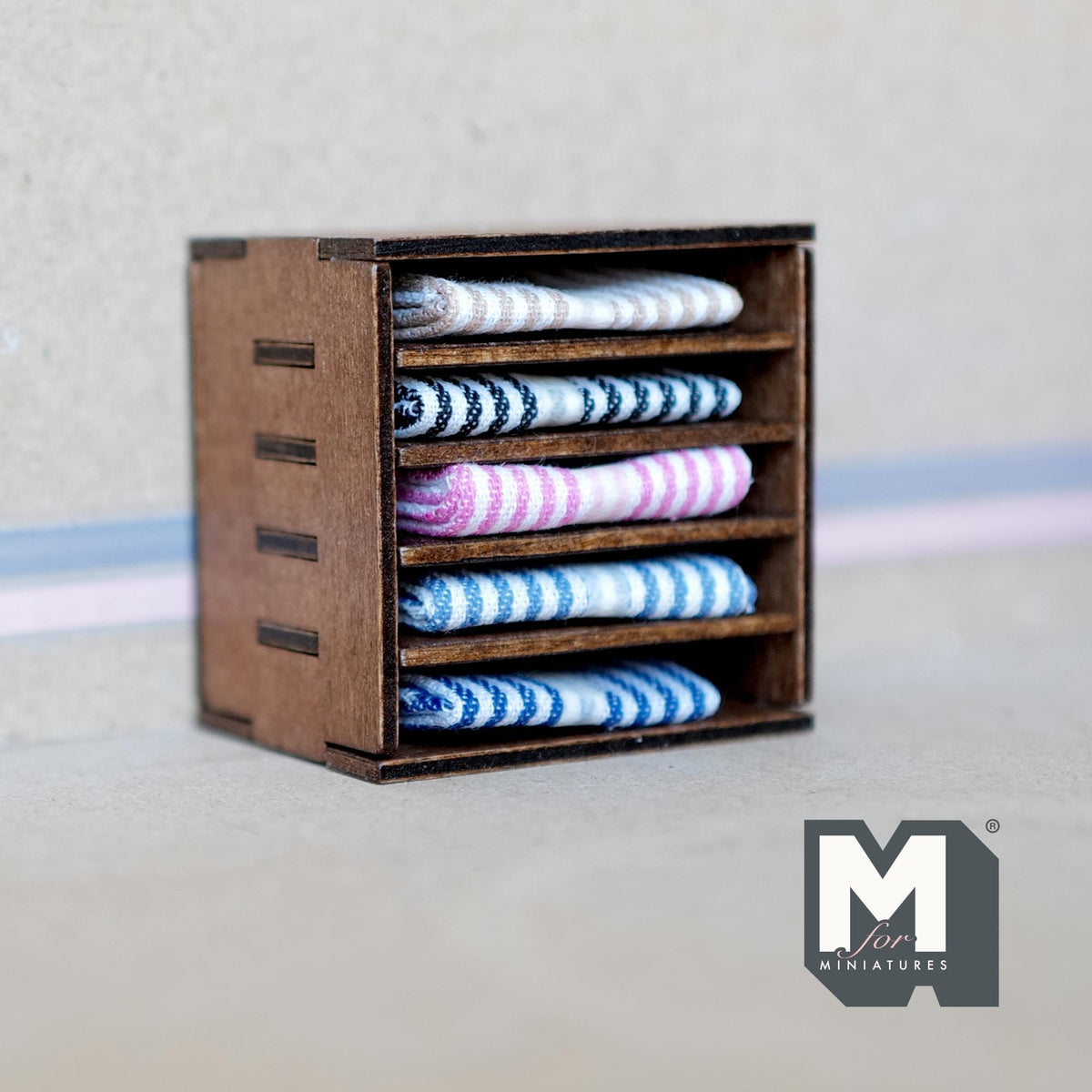 1:12 Scale Miniature Wood Fabric Shelf with Folded Textiles, 2-3/16 inch tall, DIY Dollhouse Supply (dark brown)