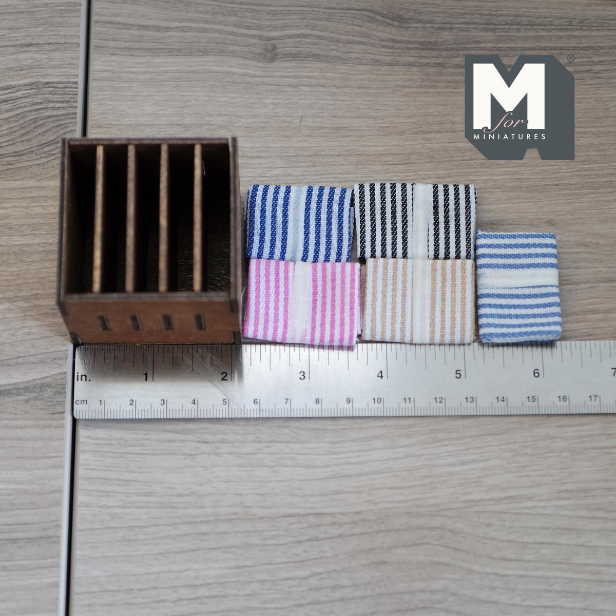 1:12 Scale Miniature Wood Fabric Shelf with Folded Textiles, 2-3/16 inch tall, DIY Dollhouse Supply (dark brown)
