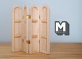 1:12 scale miniature unpainted wood dressing screen, 3 panels with arched tops and gold hinges, shown on a wood table