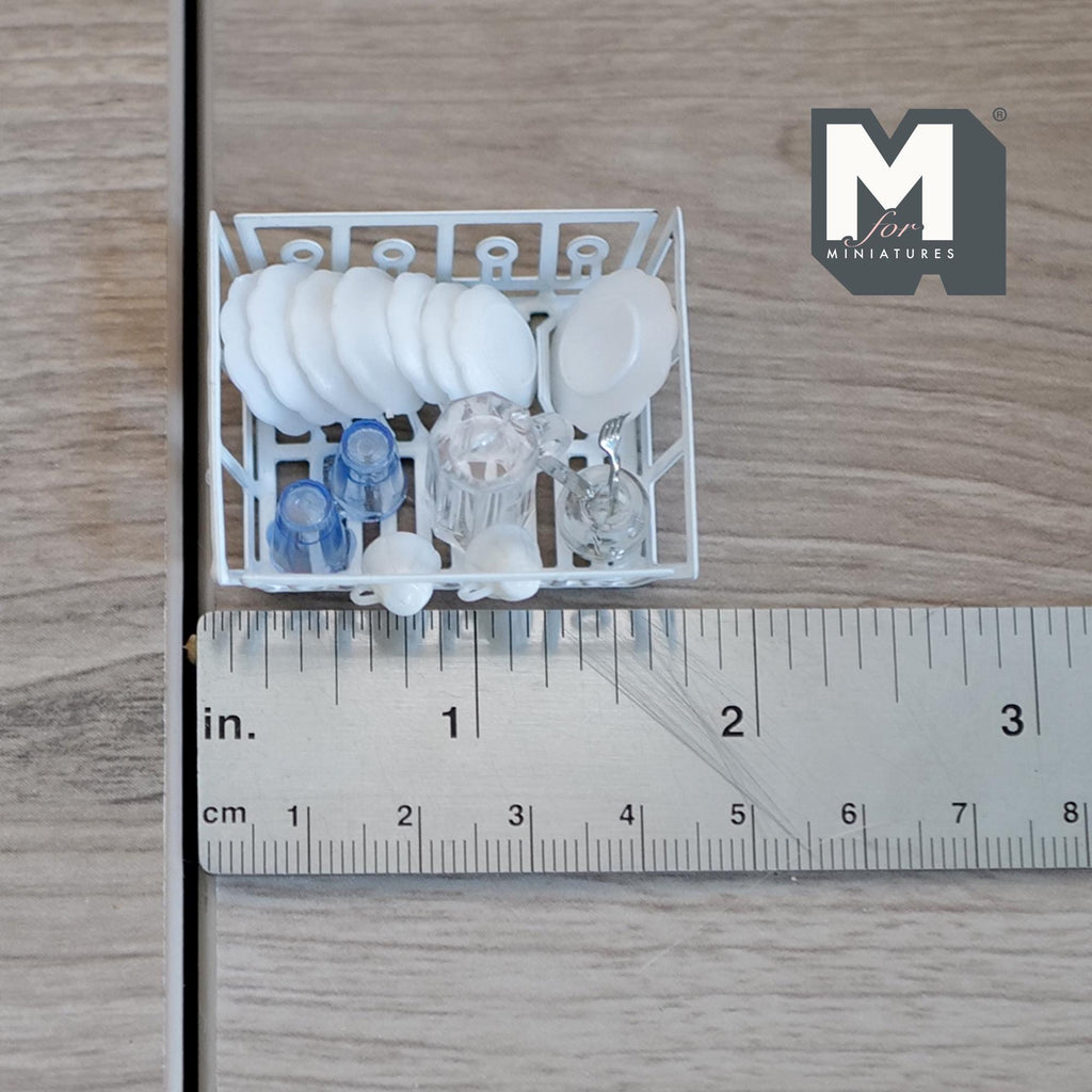 1:12 Scale Miniature Metal Dish Rack with Plates, Cups and Cutlery, 1-7/8 inch wide, DIY Dollhouse Supply (fixed set)