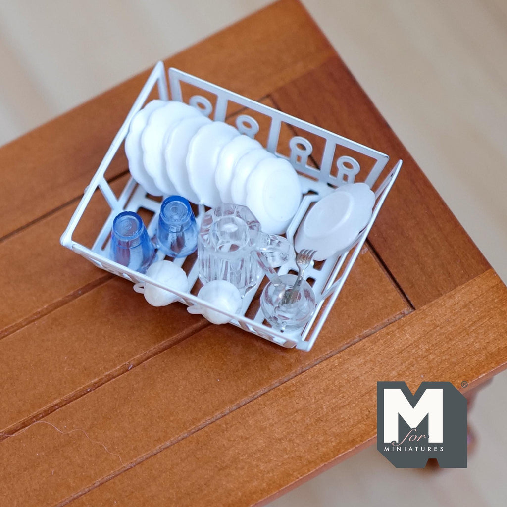 1:12 Scale Miniature Metal Dish Rack with Plates, Cups and Cutlery, 1-7/8 inch wide, DIY Dollhouse Supply (fixed set)