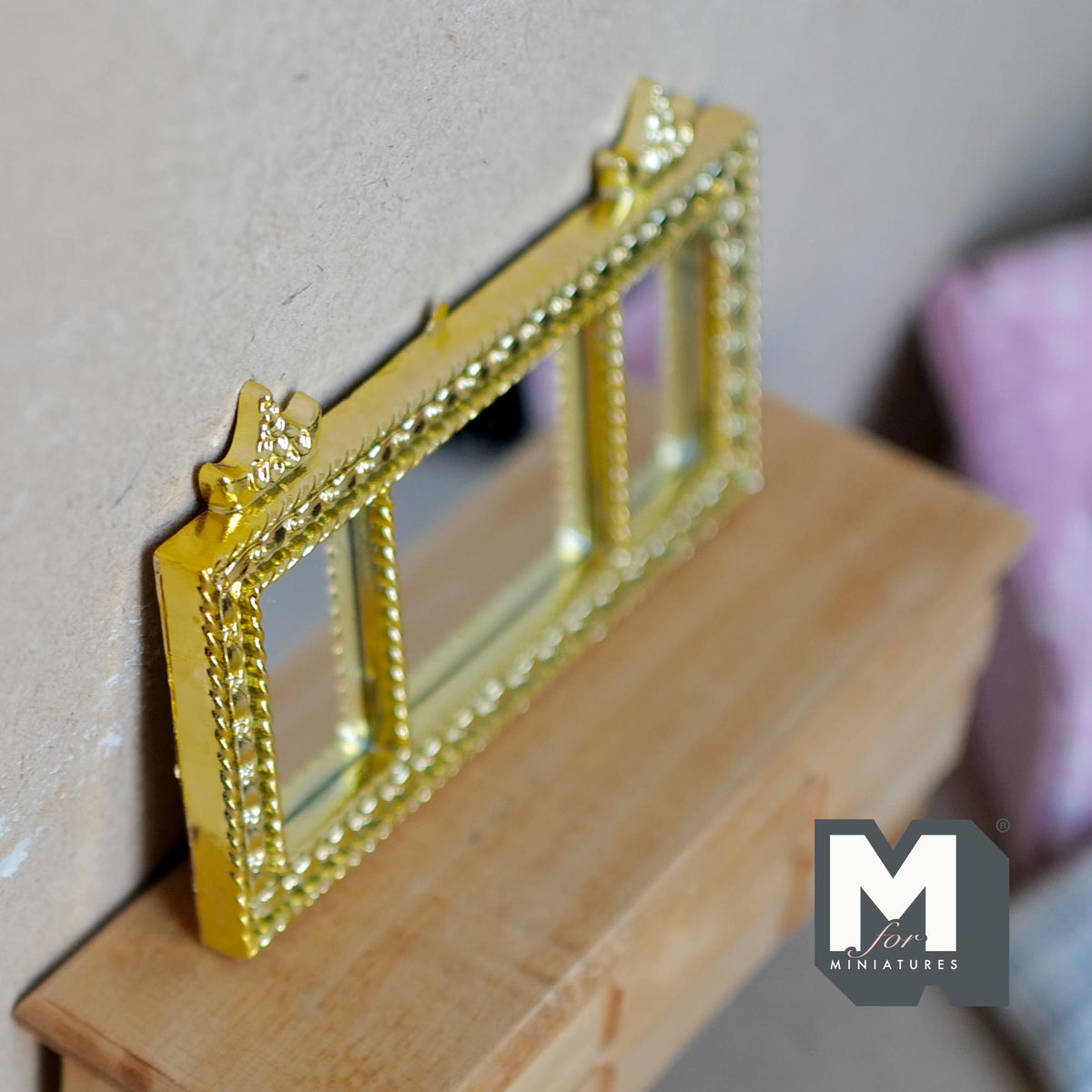 Miniature Mantel Mirror 1:12 Scale Dollhouse Supplies Ornate Frame Triple Panel Mirror 4-3/16 inch wide - F032