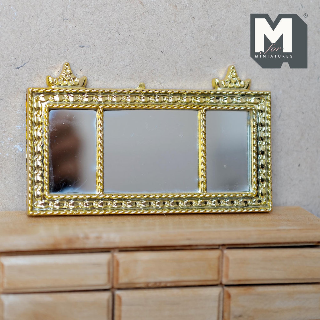 Miniature Mantel Mirror 1:12 Scale Dollhouse Supplies Ornate Frame Triple Panel Mirror 4-3/16 inch wide - F032