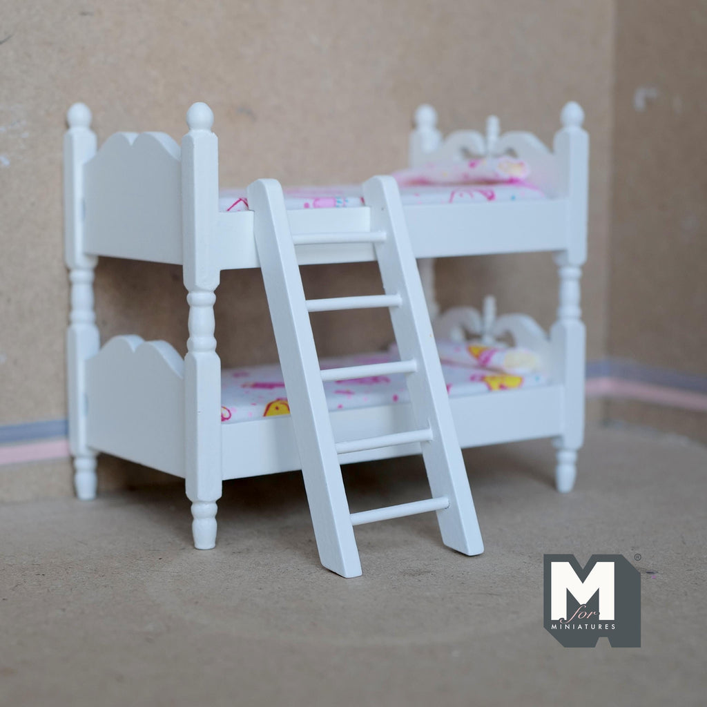 1:12 scale miniature white bunk bed with ladder and 2 mattresses in pink floral fabric, turned posts
