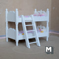 1:12 scale miniature white bunk bed with ladder and 2 mattresses in pink floral fabric, turned posts
