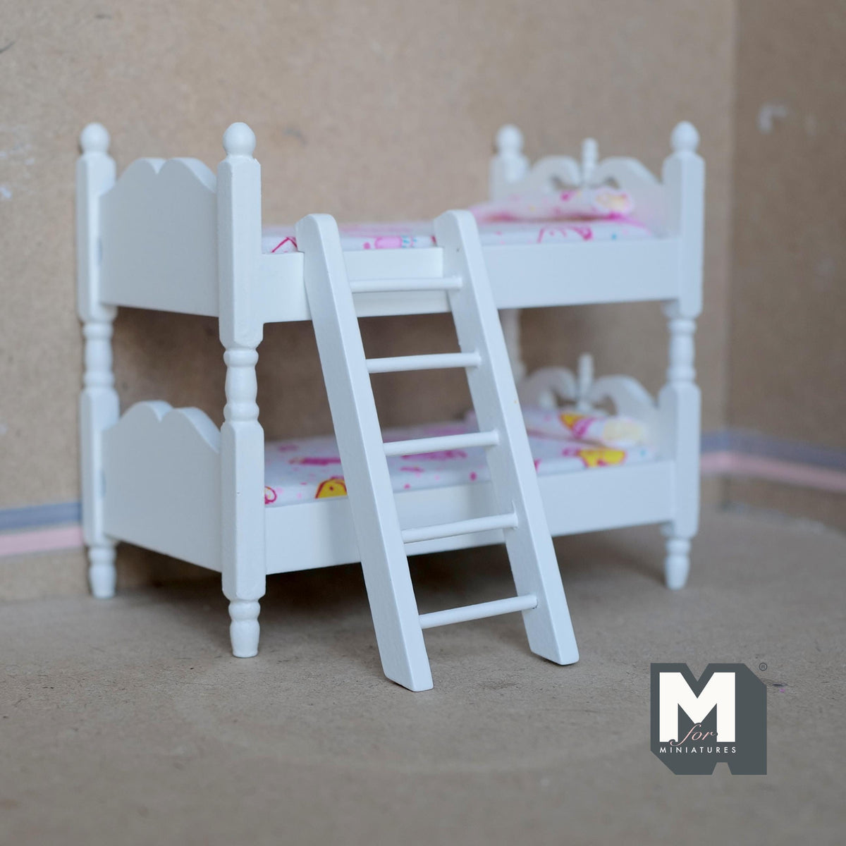 1:12 scale miniature white bunk bed with ladder and 2 mattresses in pink floral fabric, turned posts