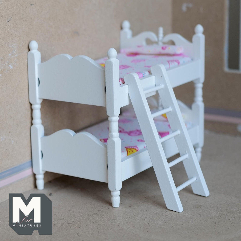 1:12 Scale Miniature Bunk Bed with Ladder and 2 Mattresses, 4-3/4 inch tall, DIY Dollhouse Supply (white)