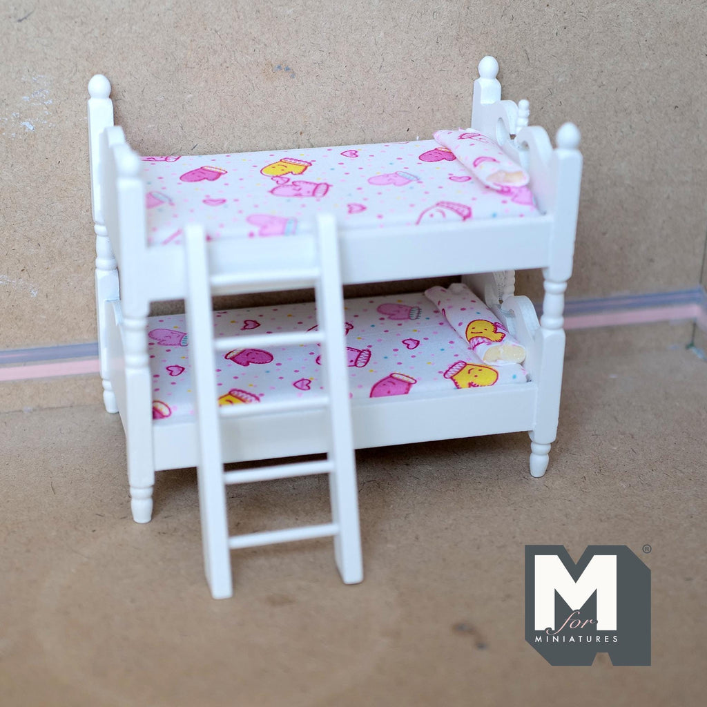 1:12 Scale Miniature Bunk Bed with Ladder and 2 Mattresses, 4-3/4 inch tall, DIY Dollhouse Supply (white)