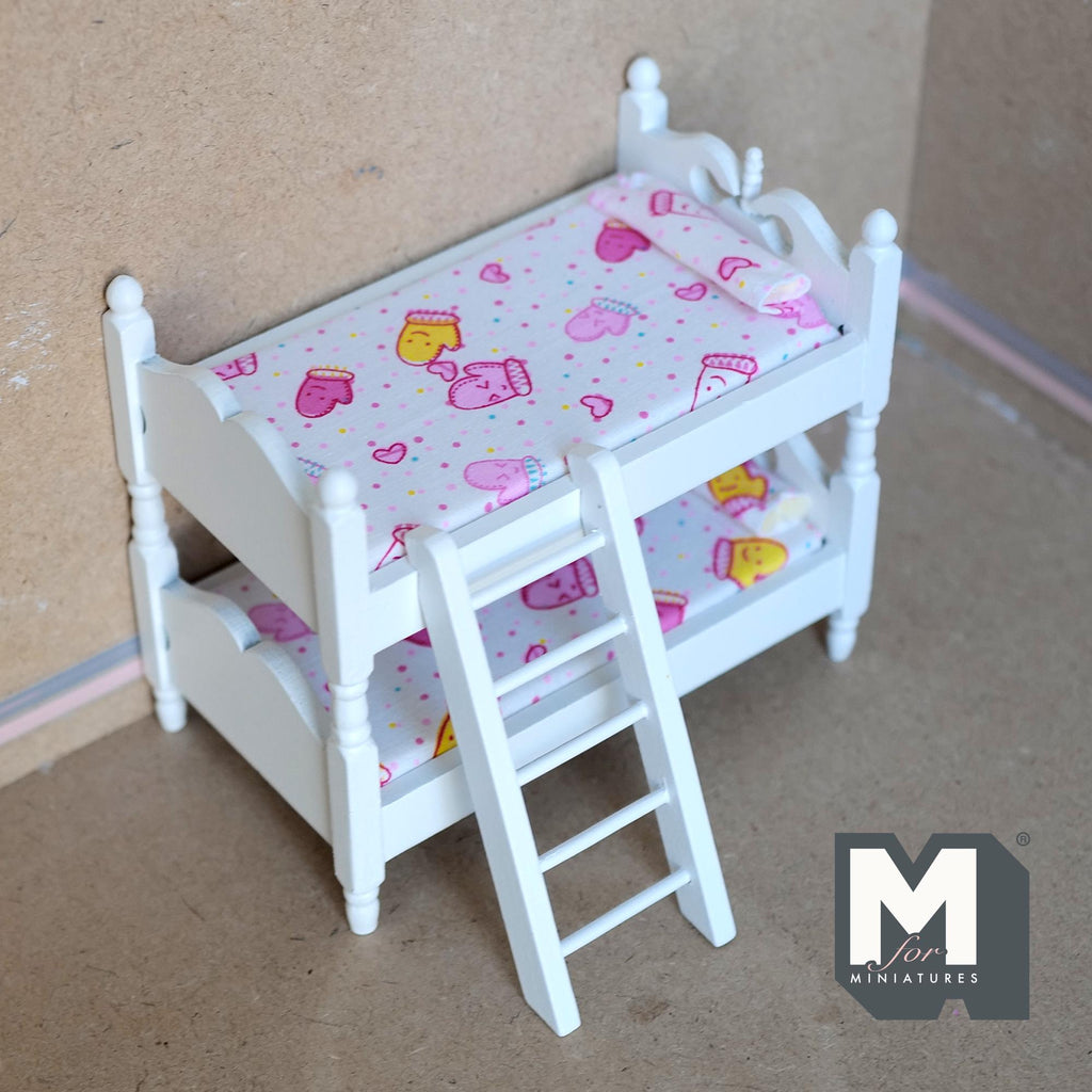 1:12 Scale Miniature Bunk Bed with Ladder and 2 Mattresses, 4-3/4 inch tall, DIY Dollhouse Supply (white)
