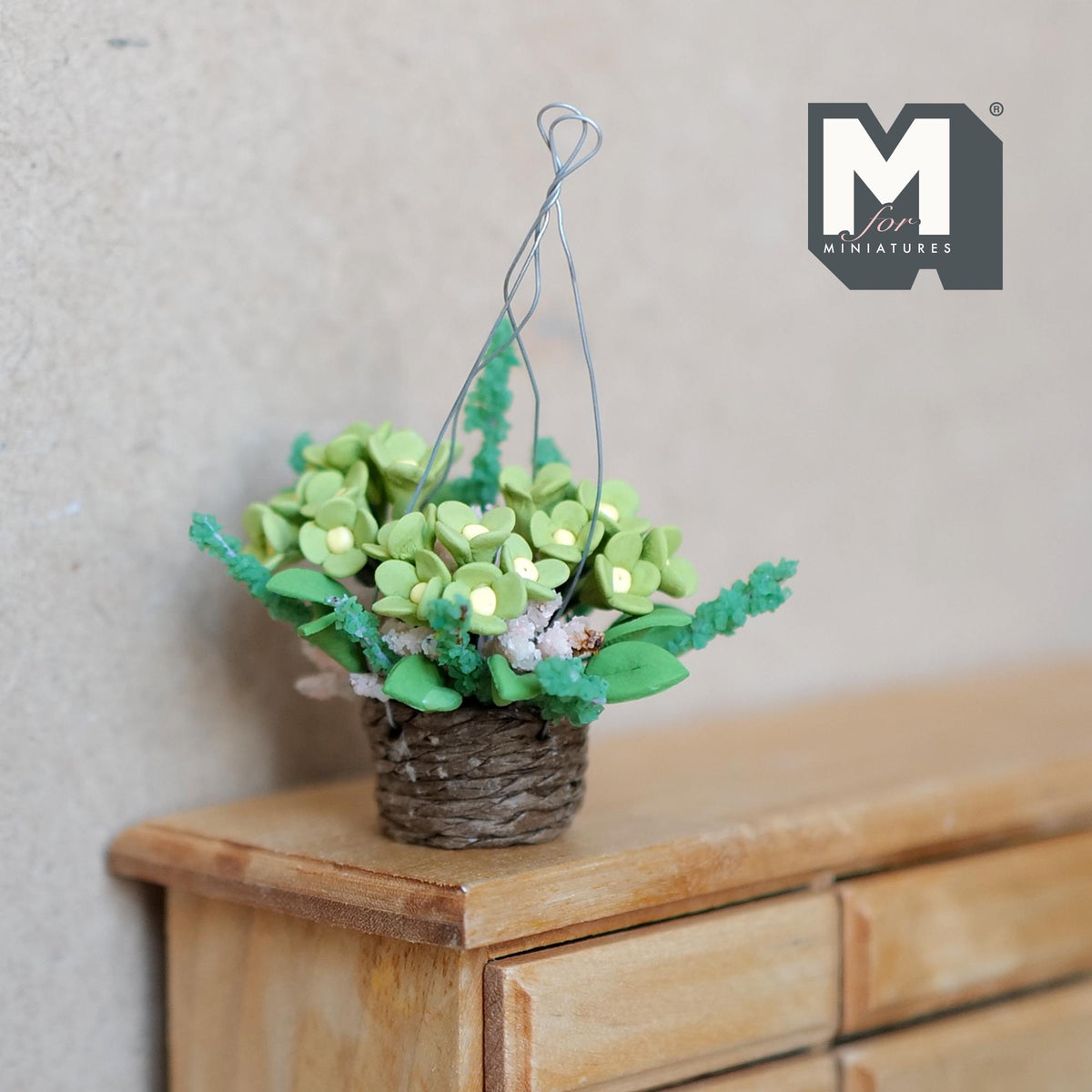 1:12 Scale Miniature Hanging Flower Basket, 1-11/16 inch dia., DIY Dollhouse Supply (green)
