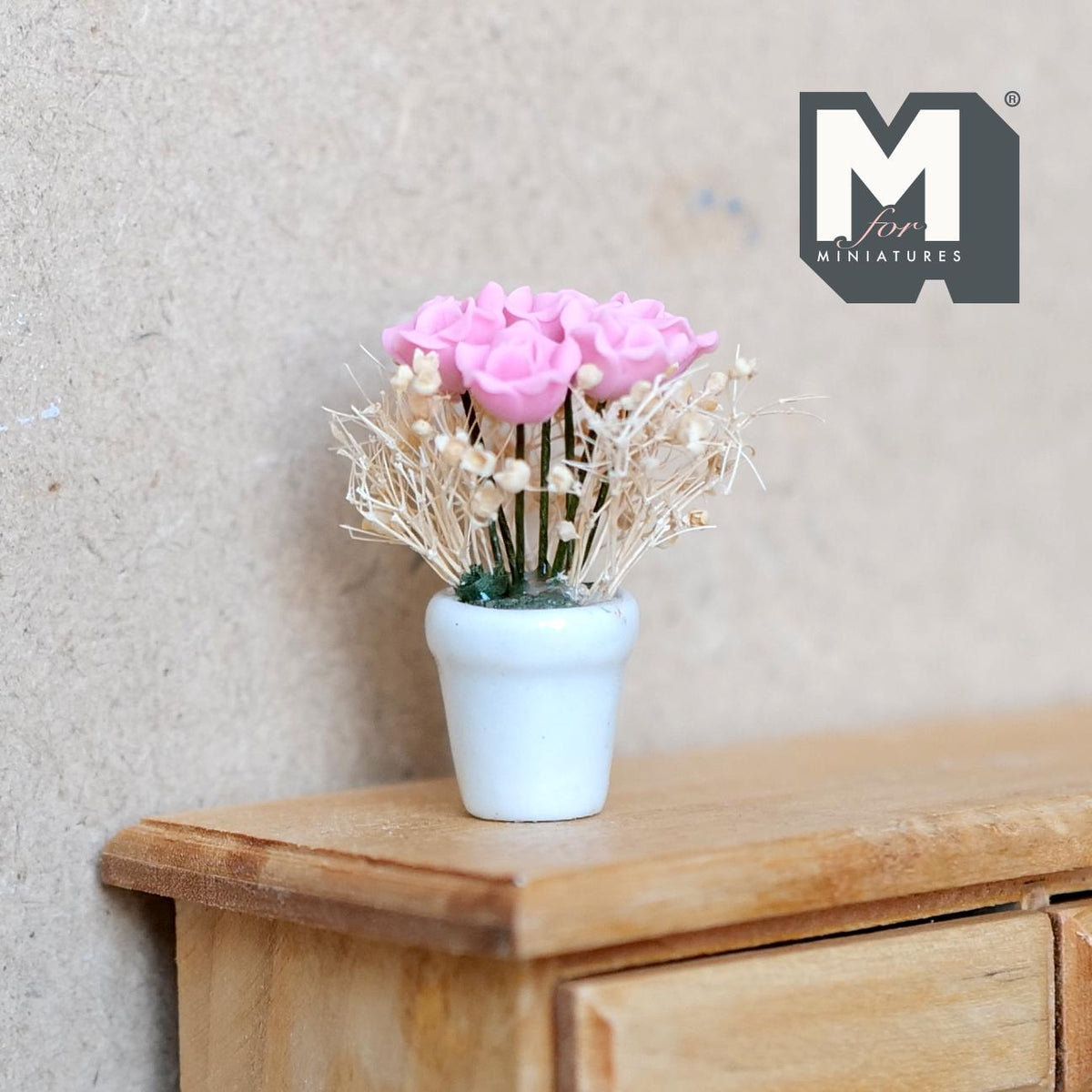 1:12 Scale Miniature Pink Roses in White Ceramic Pot, 1-9/16 inch tall, DIY Dollhouse Supply