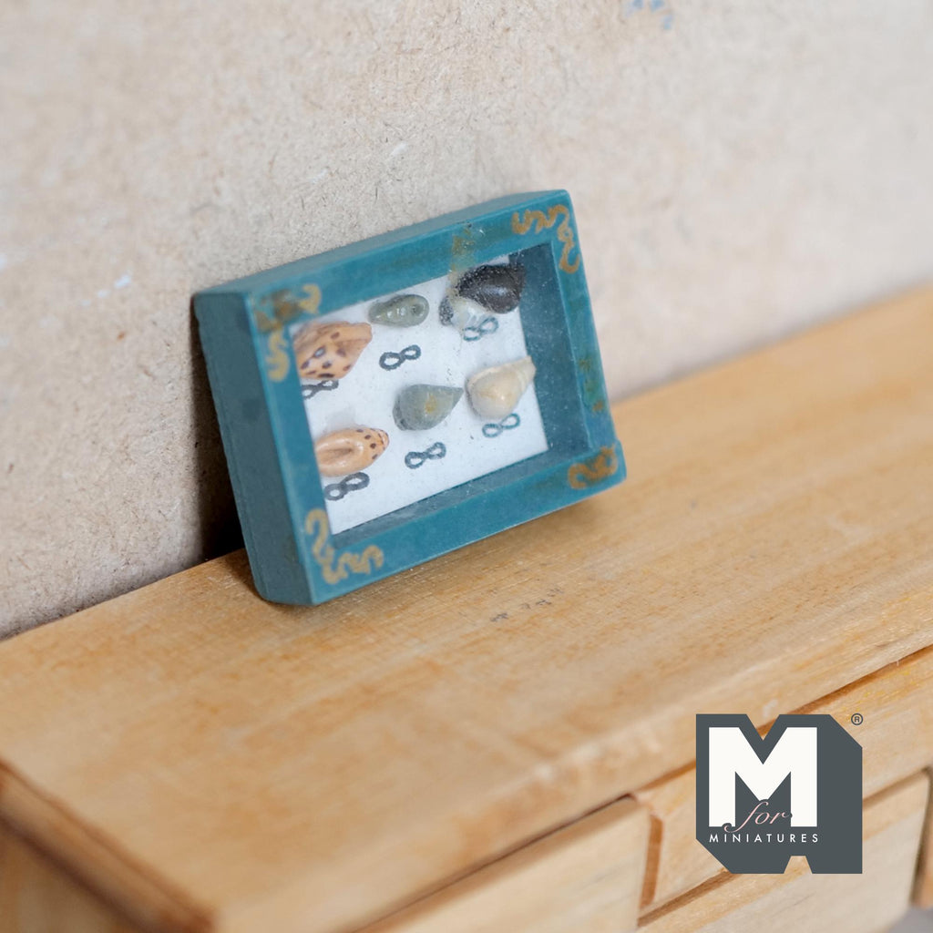 1:12 Scale Miniature Seashell Collection in Wood Frame, 1-9/16 inch wide, DIY Dollhouse Supply (teal)