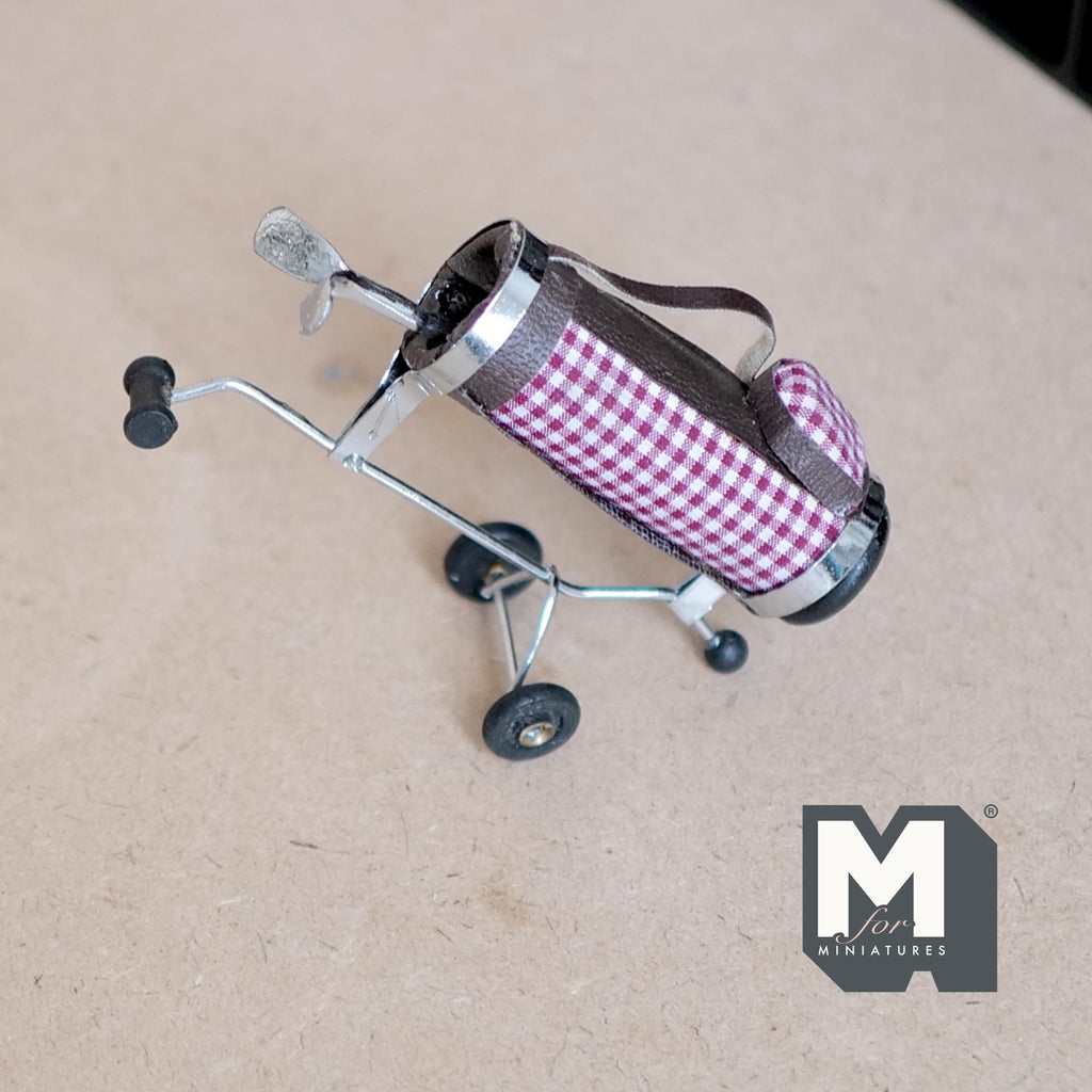 1:12 Scale Miniature Golf Bag on Pull Cart with 2 Clubs, Gingham Faux Leather, 3-1/4 inch tall, DIY Dollhouse Supply (pink)