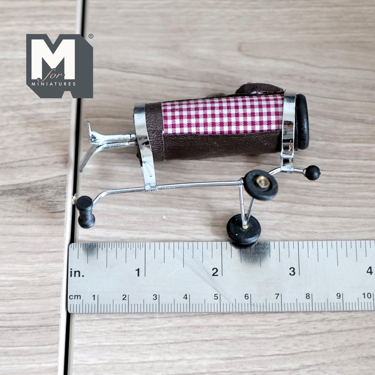 1:12 Scale Miniature Golf Bag on Pull Cart with 2 Clubs, Gingham Faux Leather, 3-1/4 inch tall, DIY Dollhouse Supply (pink)