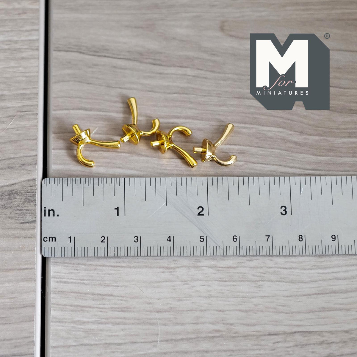 1:12 Scale Miniature Metal Dollhouse Wall Hooks, Set of 4, 9/16 inch tall (gold)