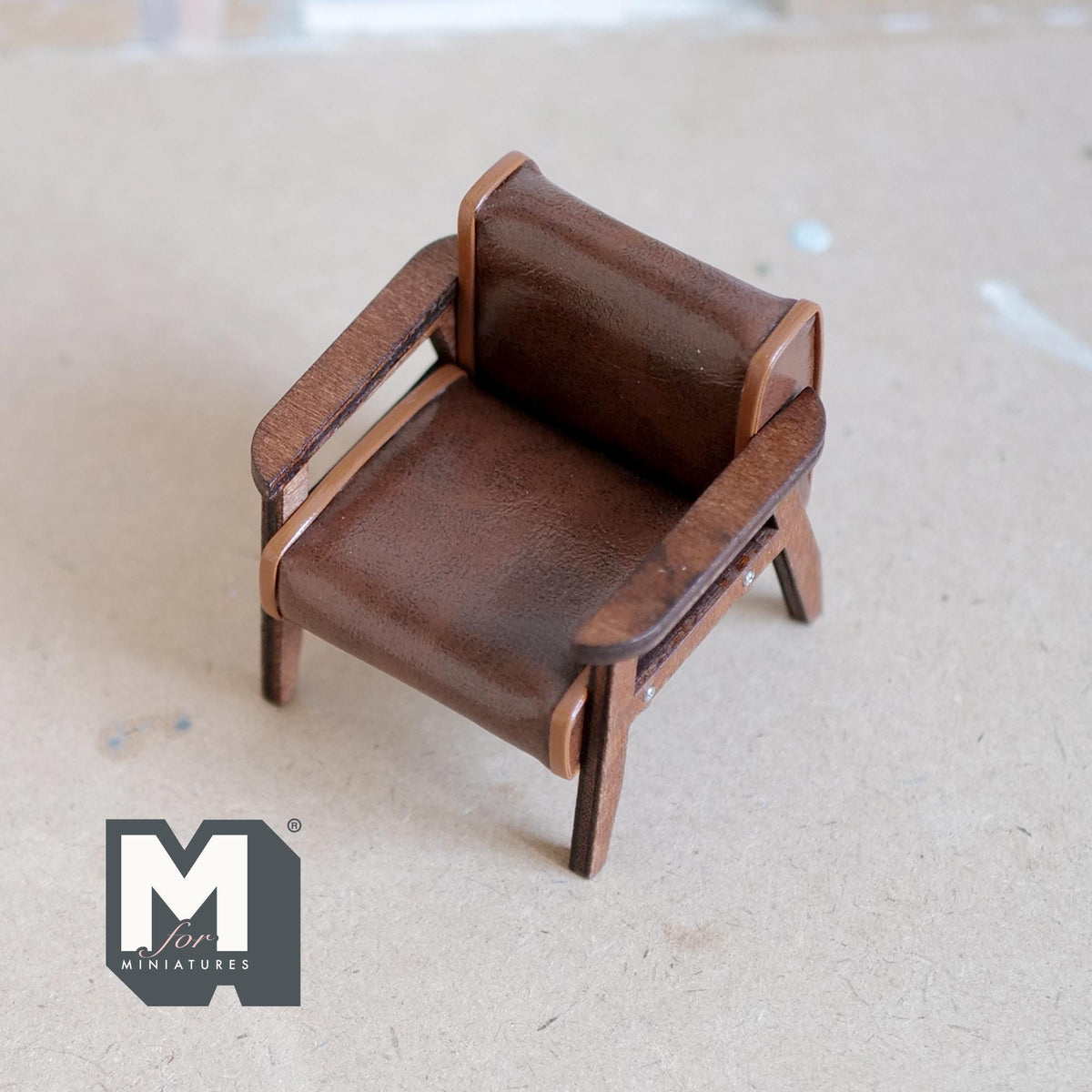 1:12 Scale Miniature Mid Century Lounge Chair, Wood Frame, Faux Leather Seat, 2-1/2 inch wide, DIY Dollhouse Supply (light brown)