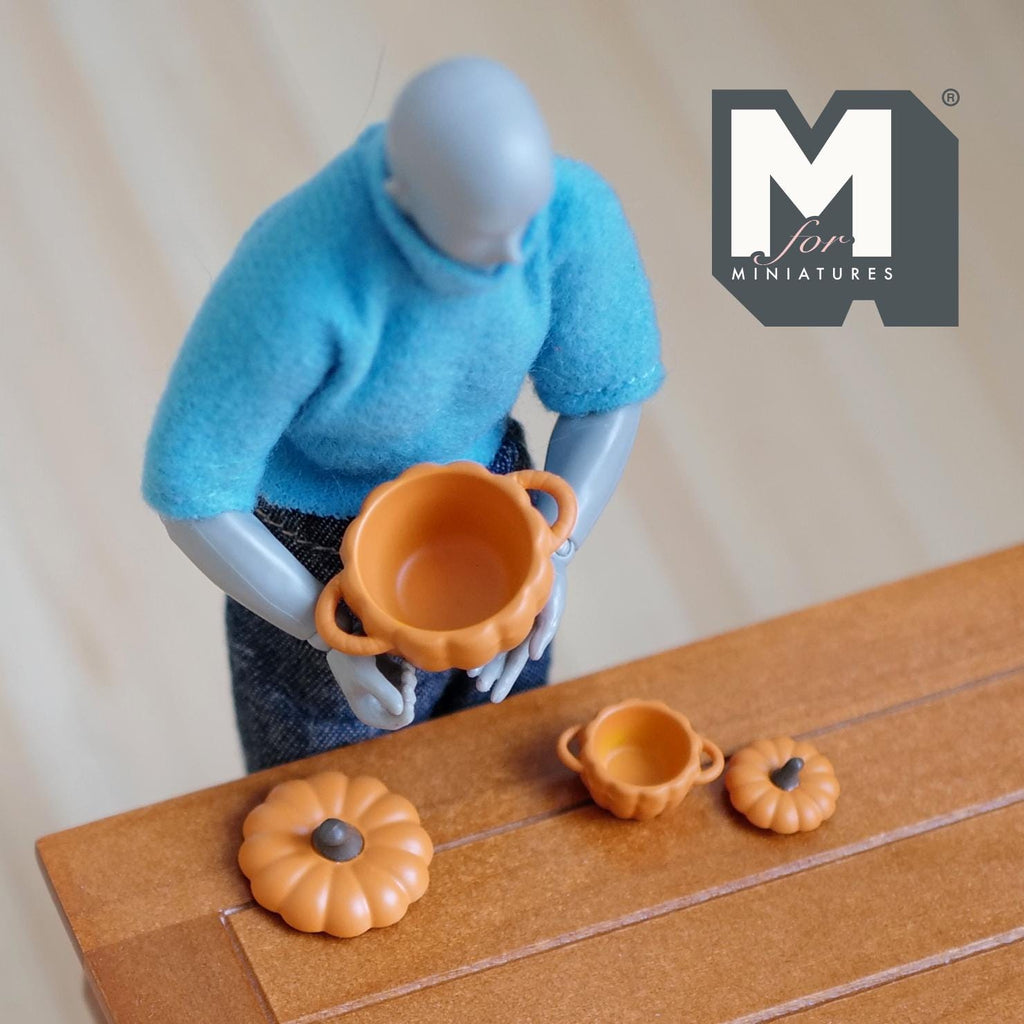 1:12 Scale Miniature Pumpkin Cooking Pots with Lids, Set of 2, 11/16 inch tall, DIY Dollhouse Supply (orange)