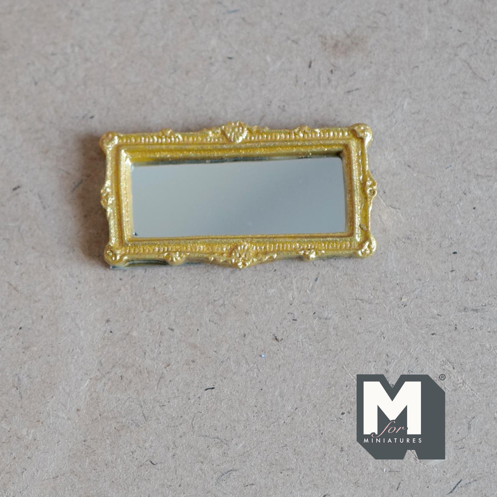 1:12 Scale Miniature Ornate Rectangular Mirror, 1-7/8 inch wide, DIY Dollhouse Supply (gold)