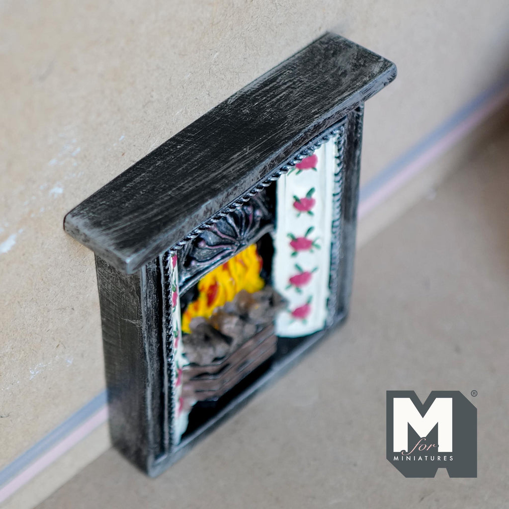 1:12 Scale Miniature Stone Look Fireplace with Mantel, Tile Side Panels, 3-11/16 inch tall, DIY Dollhouse Supply (cast resin)